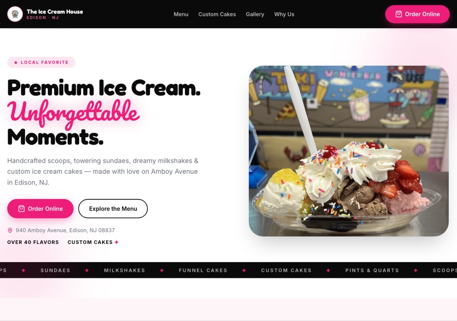 Screenshot of a live client website, The Ice Cream House NJ