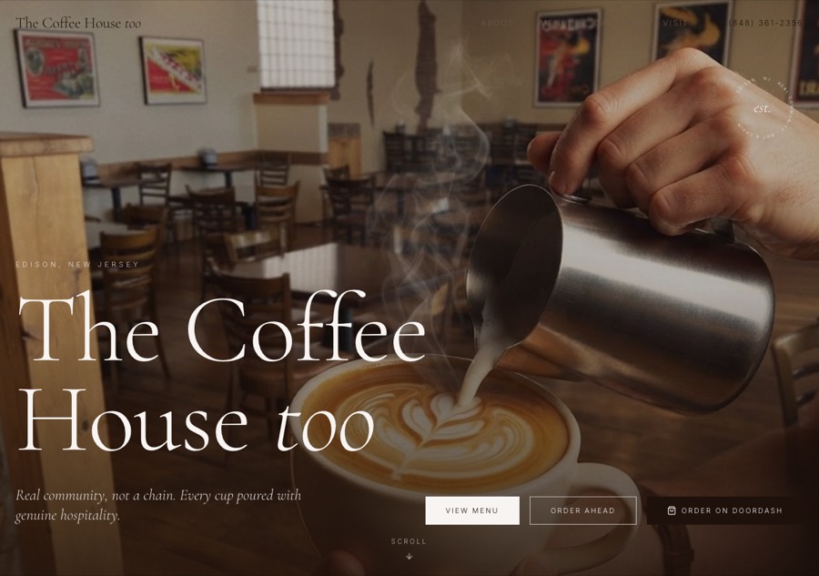 Screenshot of a live client website, The Coffee House Too