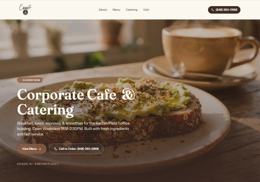 Screenshot of a live client website, Corporate Cafe & Catering